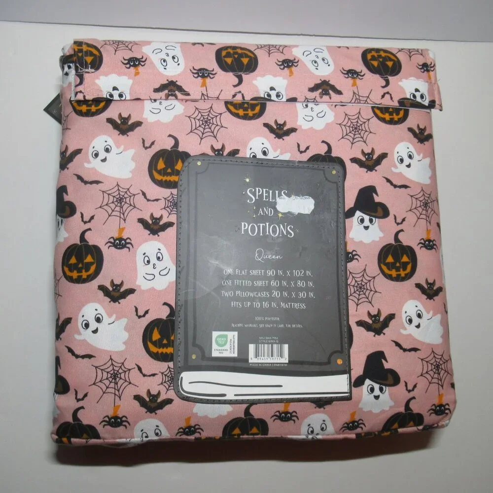 Spells And Potions Queen Size Pink Sheet Set Ghost Bat Pumpkin Web Halloween New